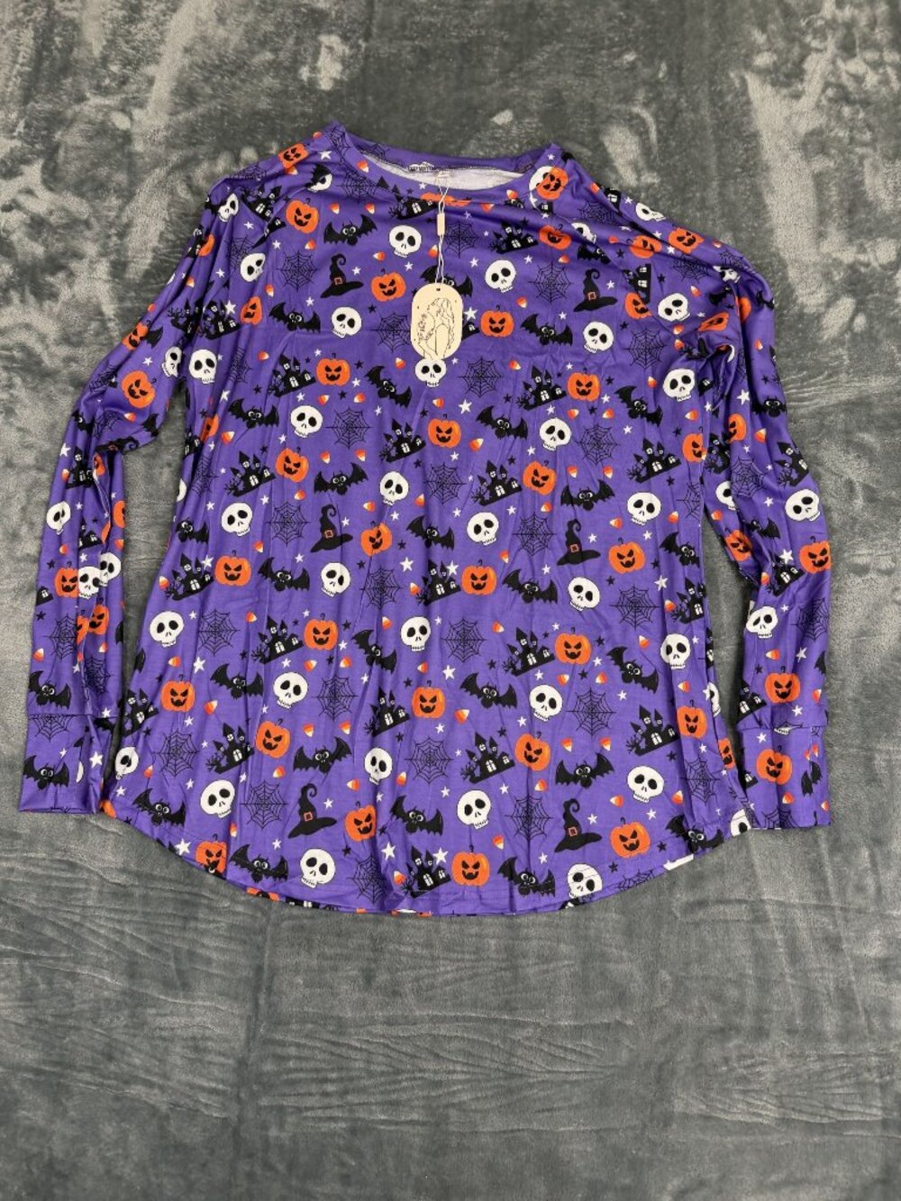 Halloween-Themed Long-Sleeve Purple Shirt With Skulls Pumpkins & Bats - Size XL